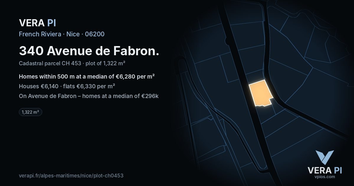 340 Avenue de Fabron, Nice at night – the plot lit, the parcels around coloured by the prices near them