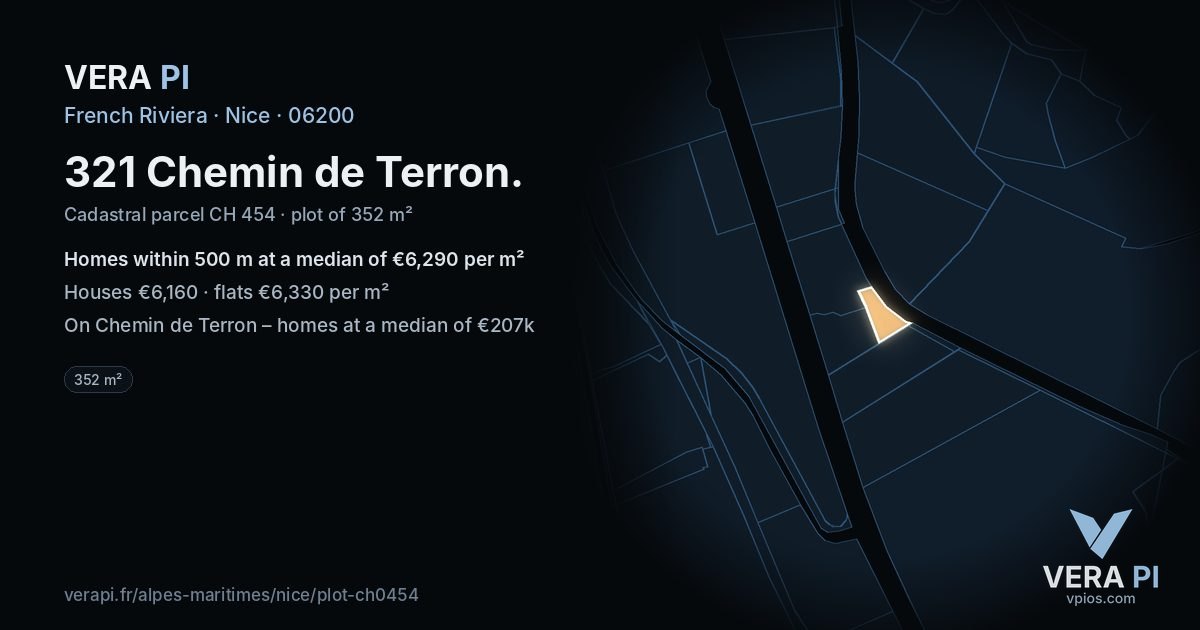 321 Chemin de Terron, Nice at night – the plot lit, the parcels around coloured by the prices near them