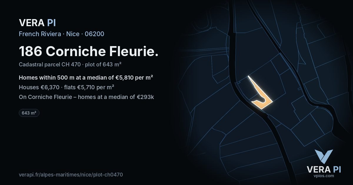 186 Corniche Fleurie, Nice at night – the plot lit, the parcels around coloured by the prices near them