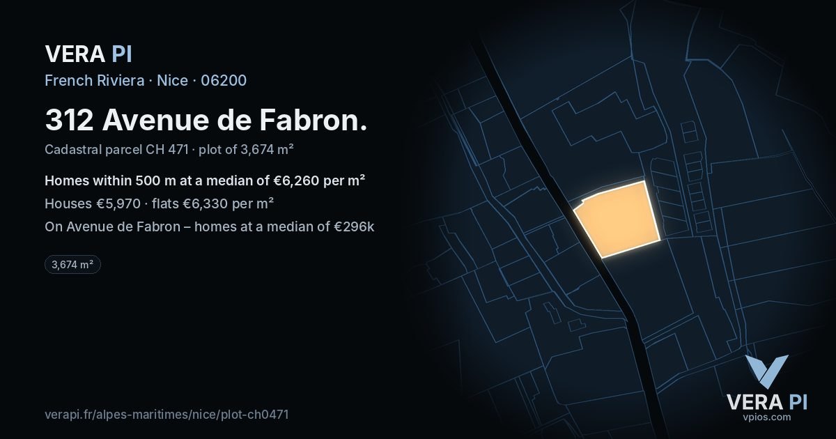 312 Avenue de Fabron, Nice at night – the plot lit, the parcels around coloured by the prices near them