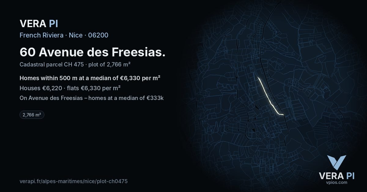 60 Avenue des Freesias, Nice at night – the plot lit, the parcels around coloured by the prices near them