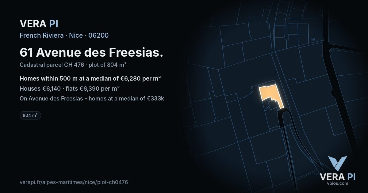 61 Avenue des Freesias, Nice at night – the plot lit, the parcels around coloured by the prices near them