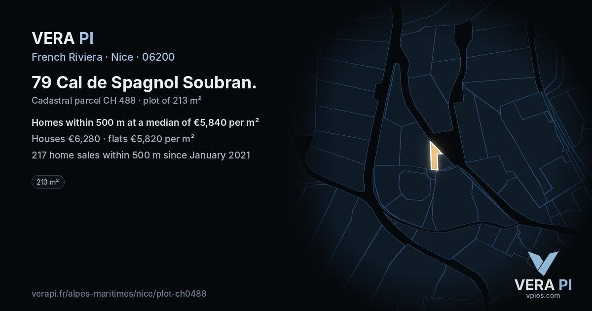 79 Cal de Spagnol Soubran, Nice at night – the plot lit, the parcels around coloured by the prices near them