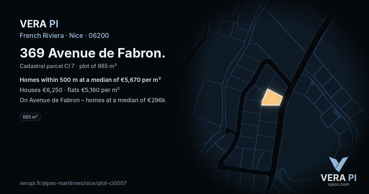 369 Avenue de Fabron, Nice at night – the plot lit, the parcels around coloured by the prices near them