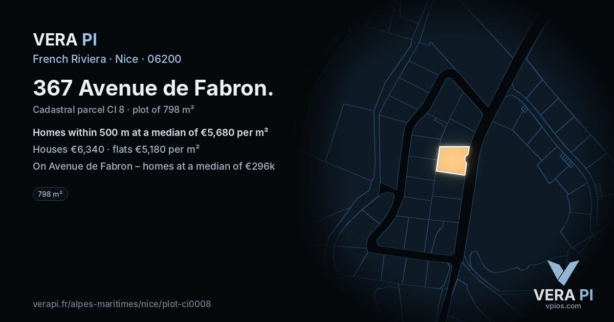 367 Avenue de Fabron, Nice at night – the plot lit, the parcels around coloured by the prices near them