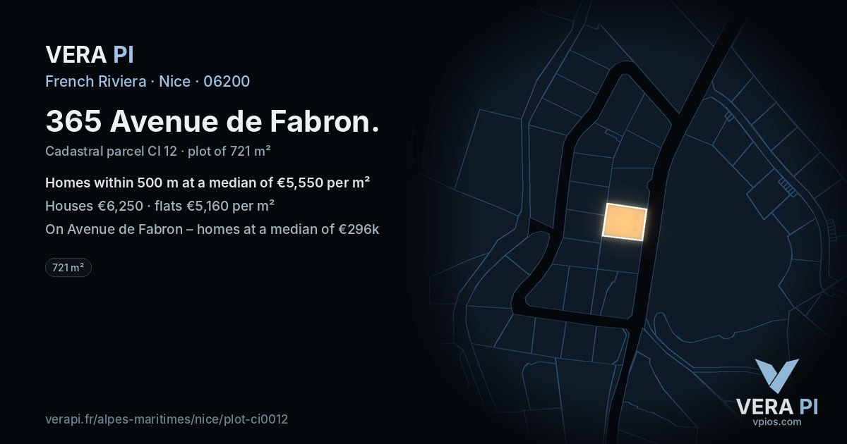 365 Avenue de Fabron, Nice at night – the plot lit, the parcels around coloured by the prices near them