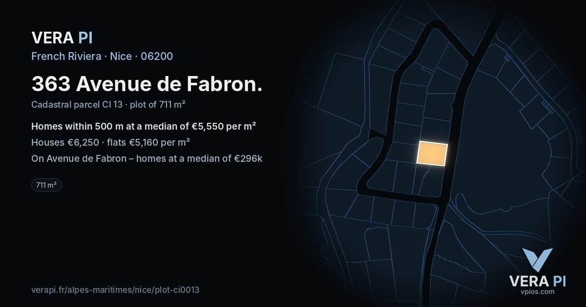 363 Avenue de Fabron, Nice at night – the plot lit, the parcels around coloured by the prices near them
