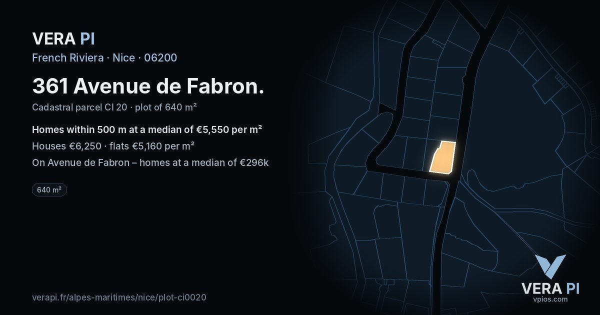 361 Avenue de Fabron, Nice at night – the plot lit, the parcels around coloured by the prices near them
