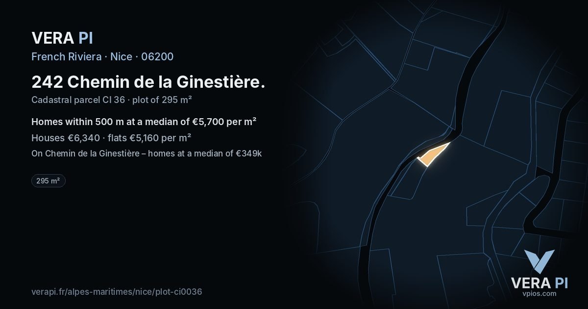 242 Chemin de la Ginestière, Nice at night – the plot lit, the parcels around coloured by the prices near them
