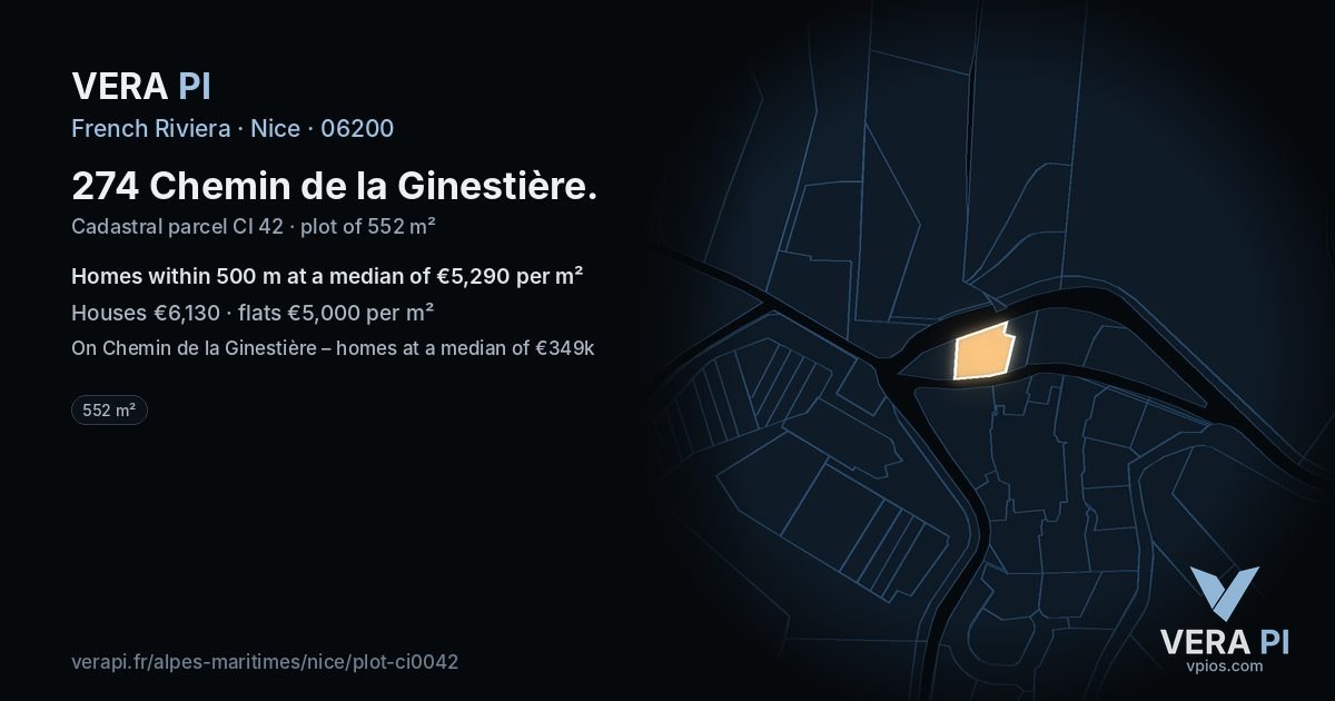 274 Chemin de la Ginestière, Nice at night – the plot lit, the parcels around coloured by the prices near them