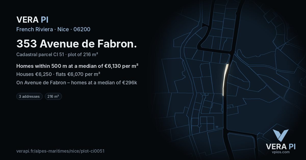 353 Avenue de Fabron, Nice at night – the plot lit, the parcels around coloured by the prices near them
