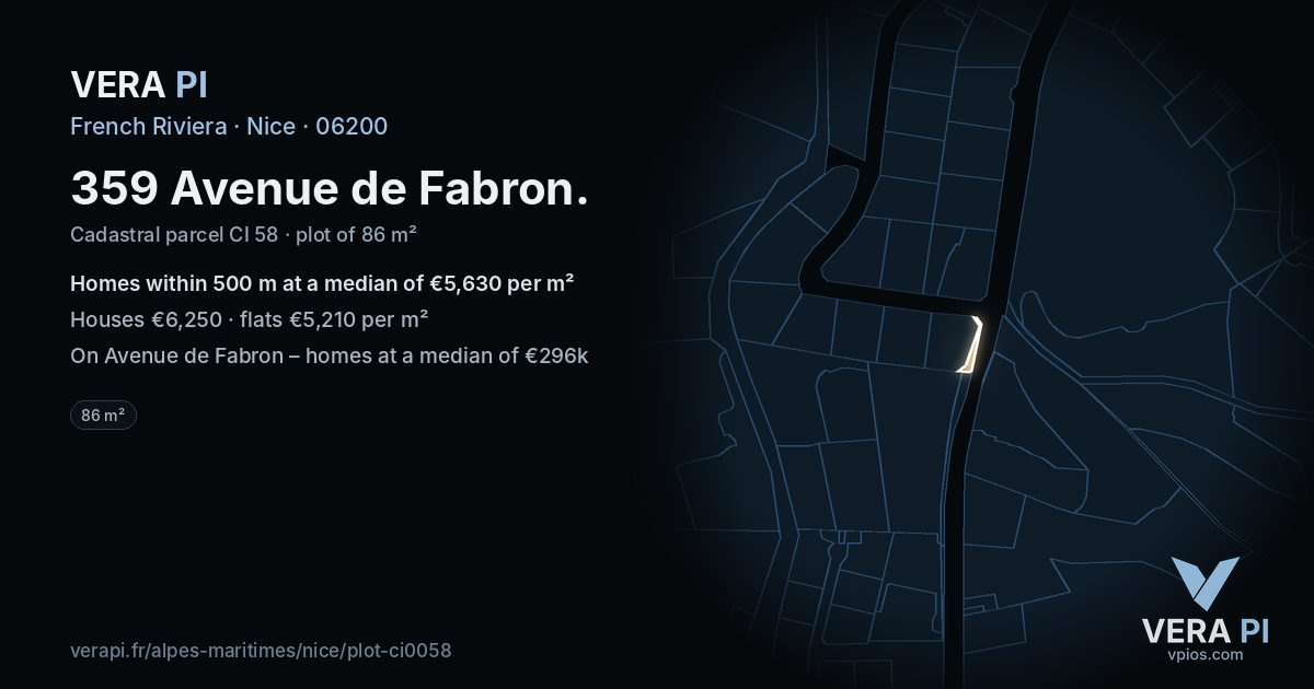 359 Avenue de Fabron, Nice at night – the plot lit, the parcels around coloured by the prices near them
