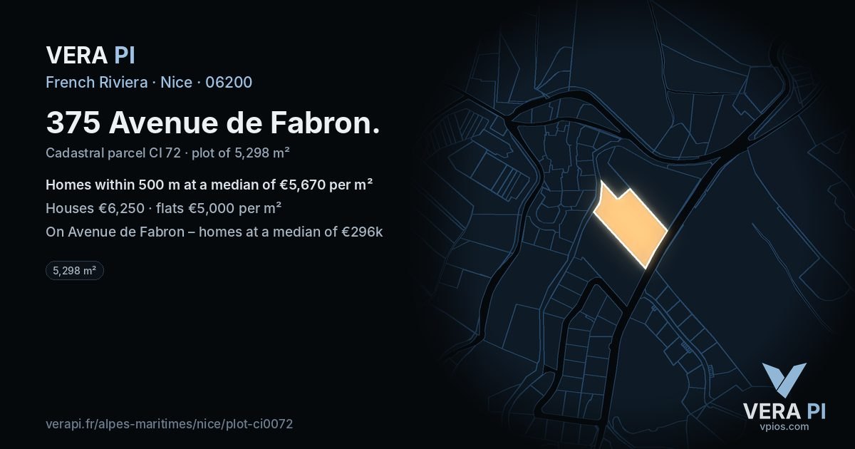 375 Avenue de Fabron, Nice at night – the plot lit, the parcels around coloured by the prices near them
