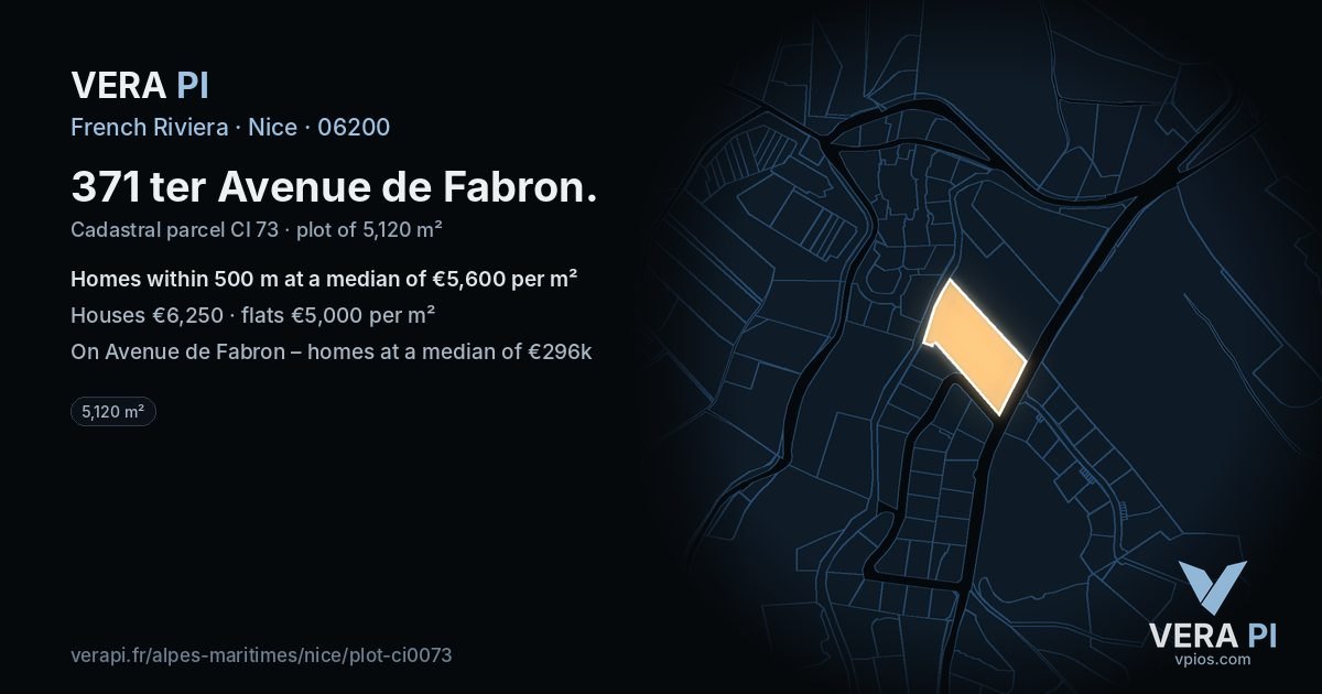371 ter Avenue de Fabron, Nice at night – the plot lit, the parcels around coloured by the prices near them