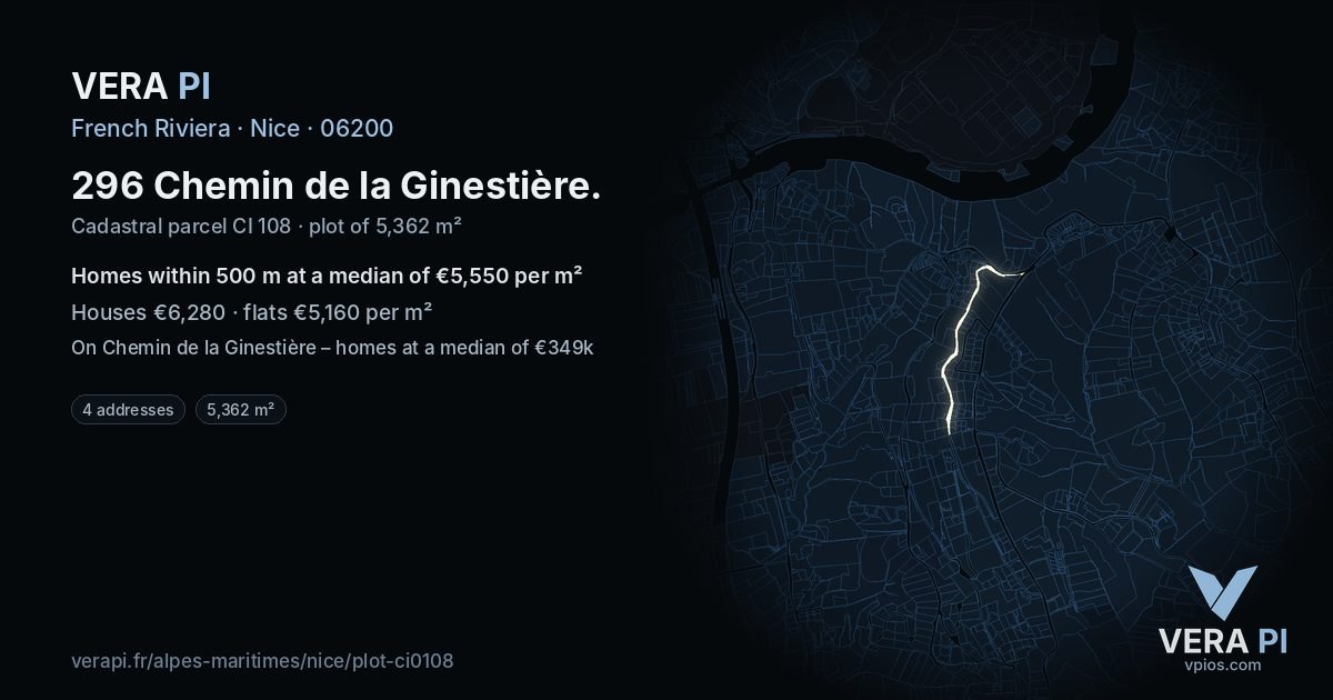 296 Chemin de la Ginestière, Nice at night – the plot lit, the parcels around coloured by the prices near them