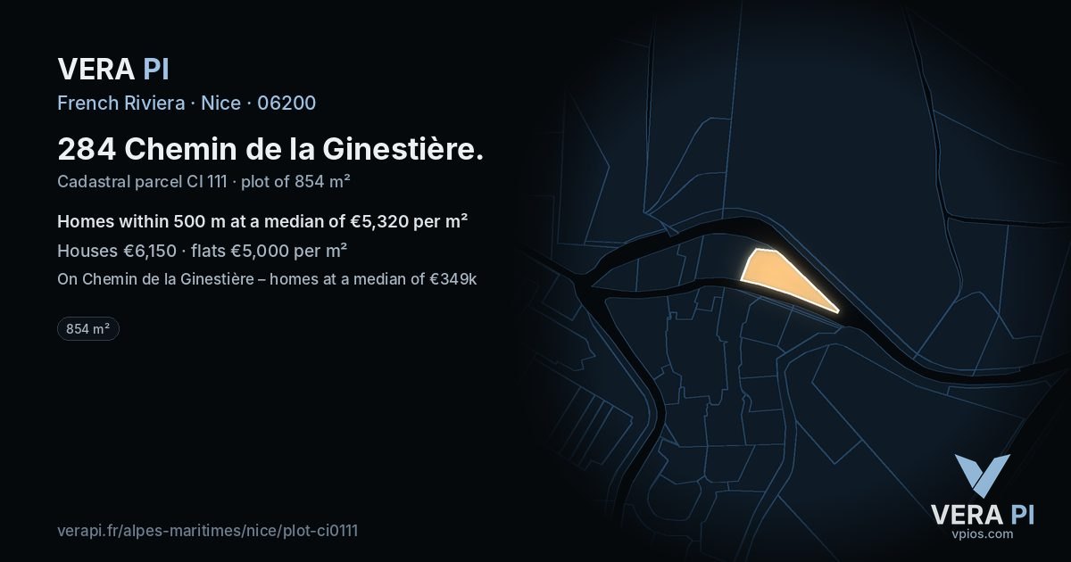 284 Chemin de la Ginestière, Nice at night – the plot lit, the parcels around coloured by the prices near them
