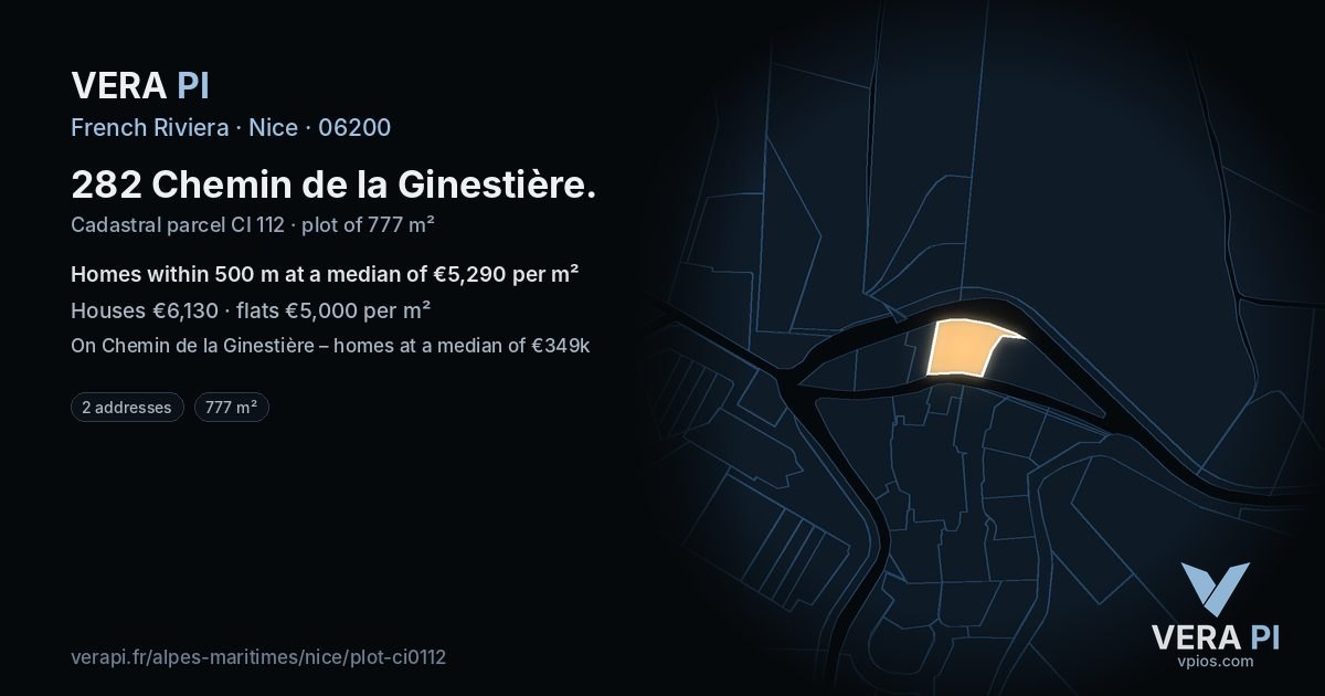282 Chemin de la Ginestière, Nice at night – the plot lit, the parcels around coloured by the prices near them