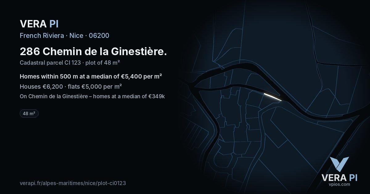 286 Chemin de la Ginestière, Nice at night – the plot lit, the parcels around coloured by the prices near them