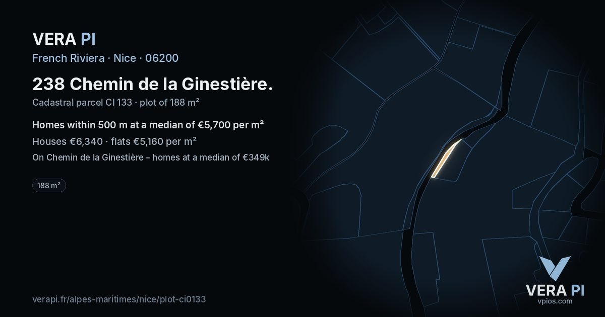 238 Chemin de la Ginestière, Nice at night – the plot lit, the parcels around coloured by the prices near them