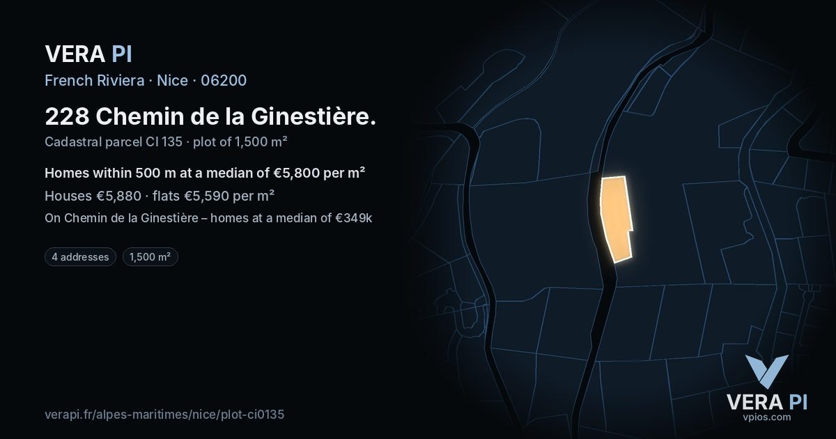 228 Chemin de la Ginestière, Nice at night – the plot lit, the parcels around coloured by the prices near them
