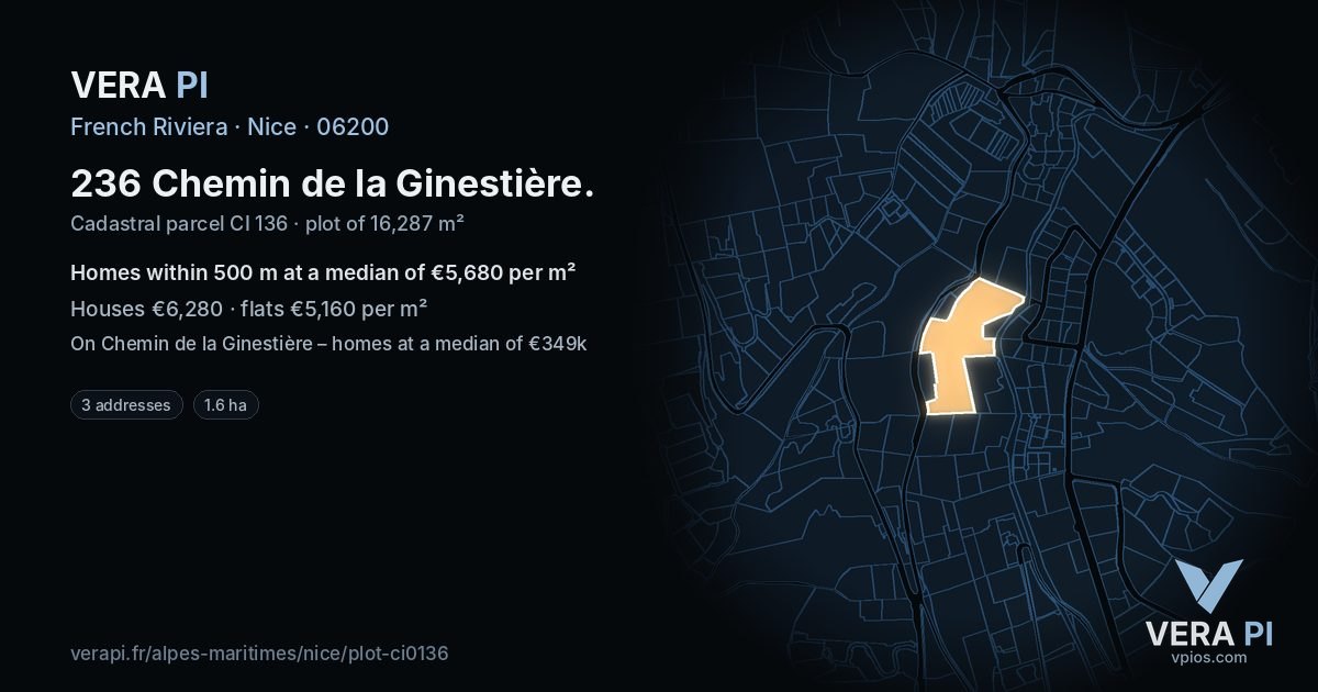 236 Chemin de la Ginestière, Nice at night – the plot lit, the parcels around coloured by the prices near them