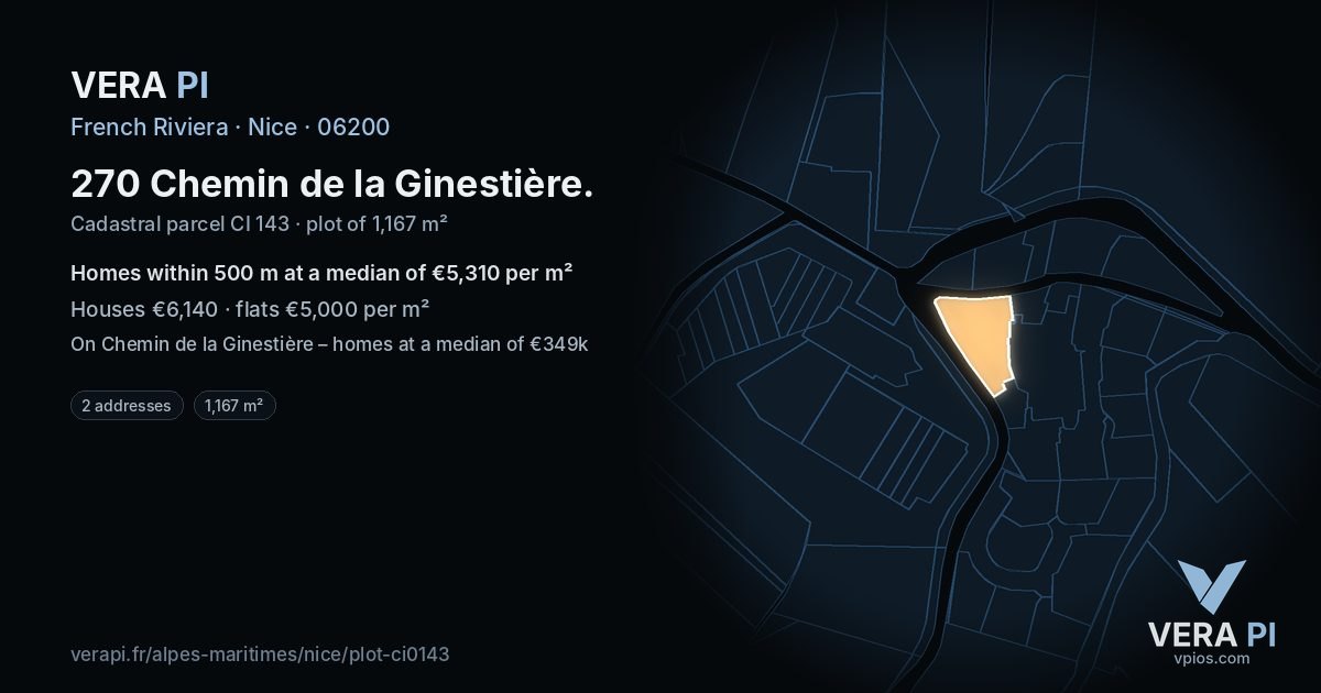 270 Chemin de la Ginestière, Nice at night – the plot lit, the parcels around coloured by the prices near them