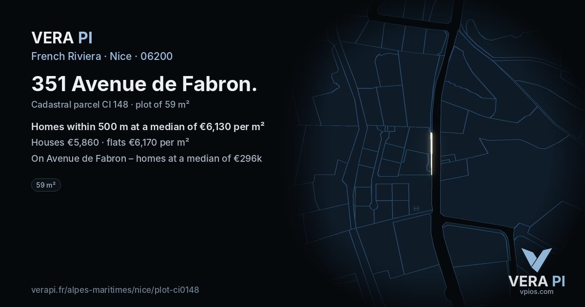351 Avenue de Fabron, Nice at night – the plot lit, the parcels around coloured by the prices near them