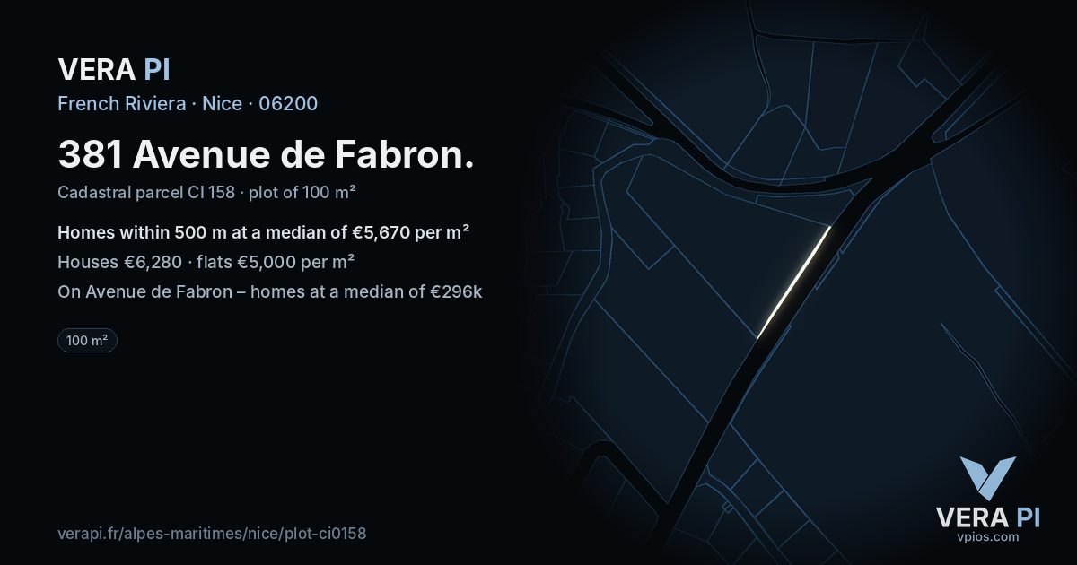 381 Avenue de Fabron, Nice at night – the plot lit, the parcels around coloured by the prices near them