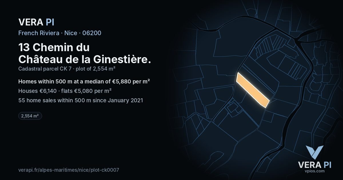 13 Chemin du Château de la Ginestière, Nice at night – the plot lit, the parcels around coloured by the prices near them