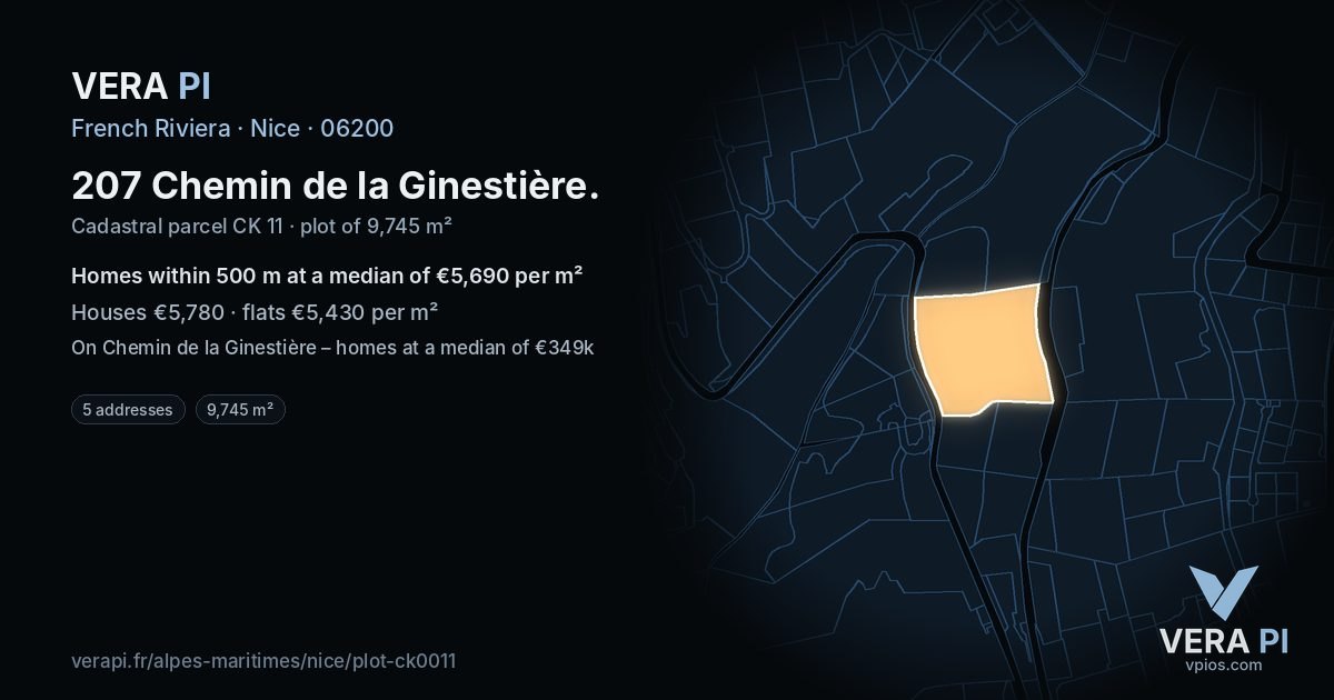 207 Chemin de la Ginestière, Nice at night – the plot lit, the parcels around coloured by the prices near them