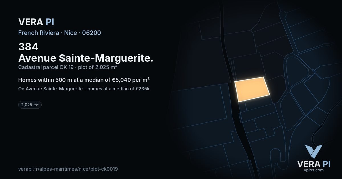 384 Avenue Sainte-Marguerite, Nice at night – the plot lit, the parcels around coloured by the prices near them