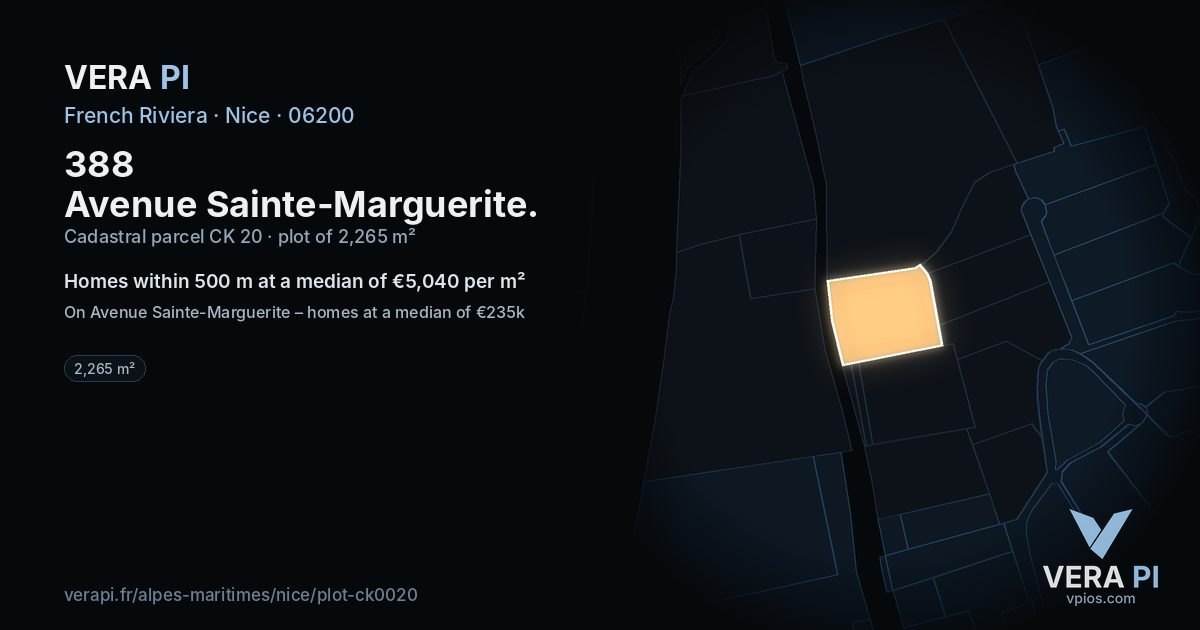 388 Avenue Sainte-Marguerite, Nice at night – the plot lit, the parcels around coloured by the prices near them
