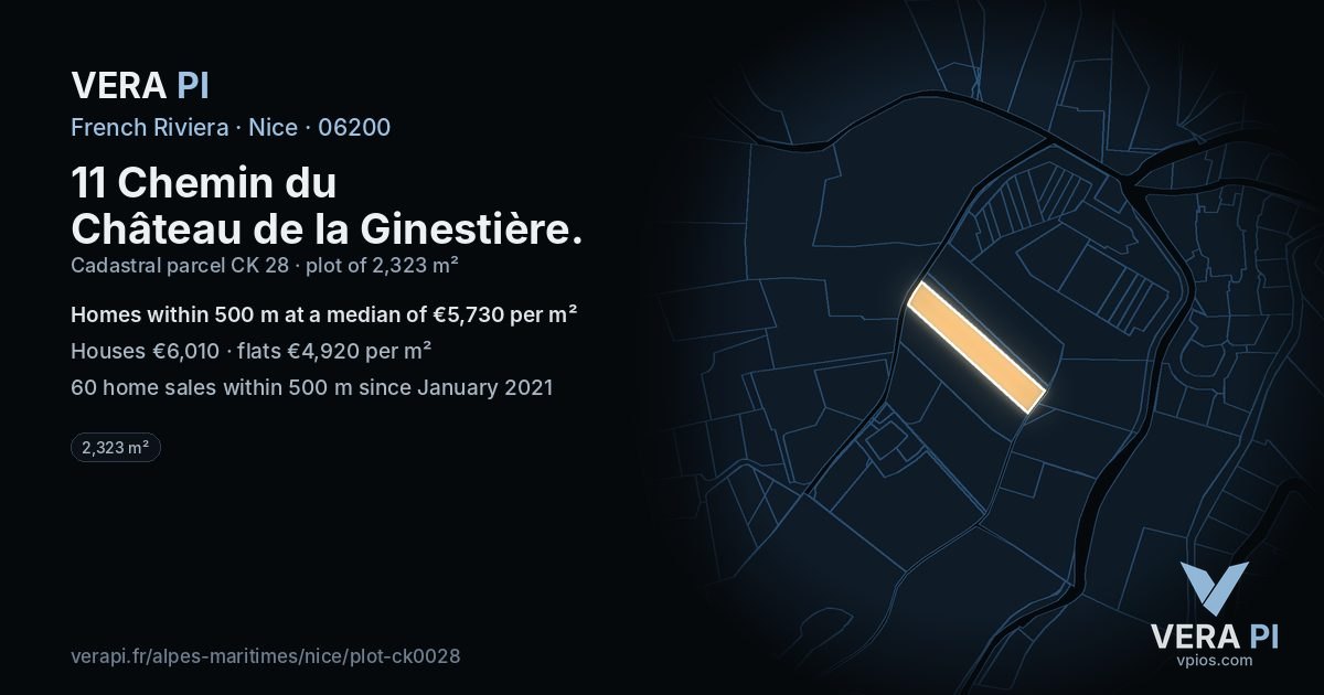 11 Chemin du Château de la Ginestière, Nice at night – the plot lit, the parcels around coloured by the prices near them