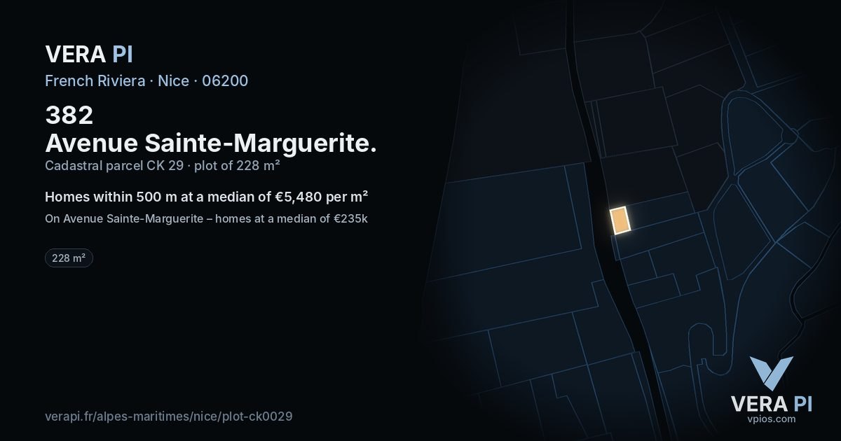 382 Avenue Sainte-Marguerite, Nice at night – the plot lit, the parcels around coloured by the prices near them