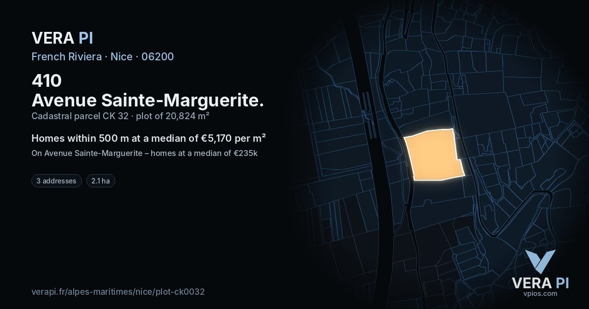 410 Avenue Sainte-Marguerite, Nice at night – the plot lit, the parcels around coloured by the prices near them