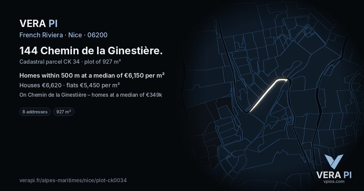 144 Chemin de la Ginestière, Nice at night – the plot lit, the parcels around coloured by the prices near them