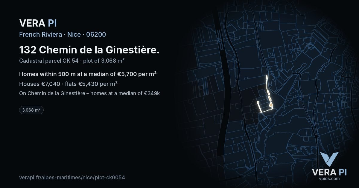 132 Chemin de la Ginestière, Nice at night – the plot lit, the parcels around coloured by the prices near them