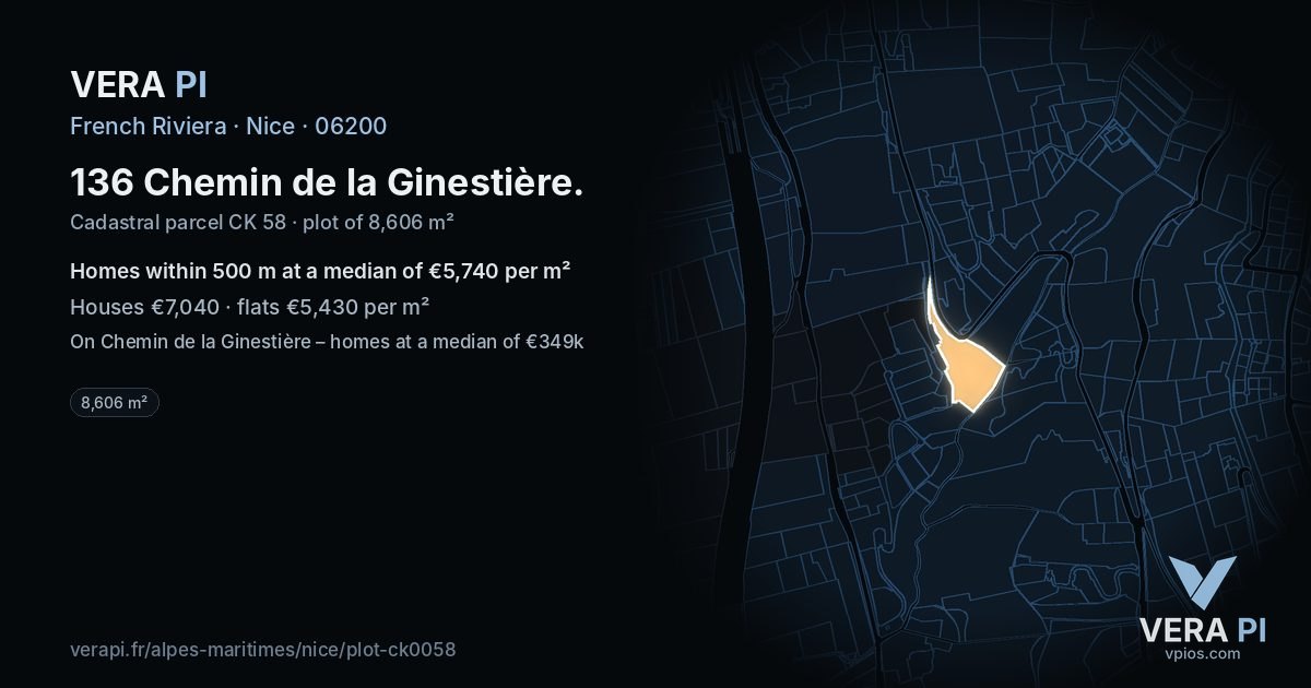 136 Chemin de la Ginestière, Nice at night – the plot lit, the parcels around coloured by the prices near them
