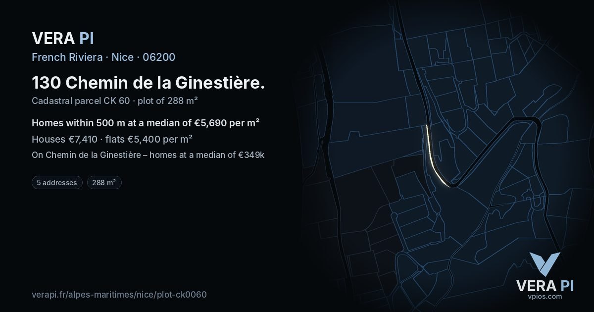 130 Chemin de la Ginestière, Nice at night – the plot lit, the parcels around coloured by the prices near them