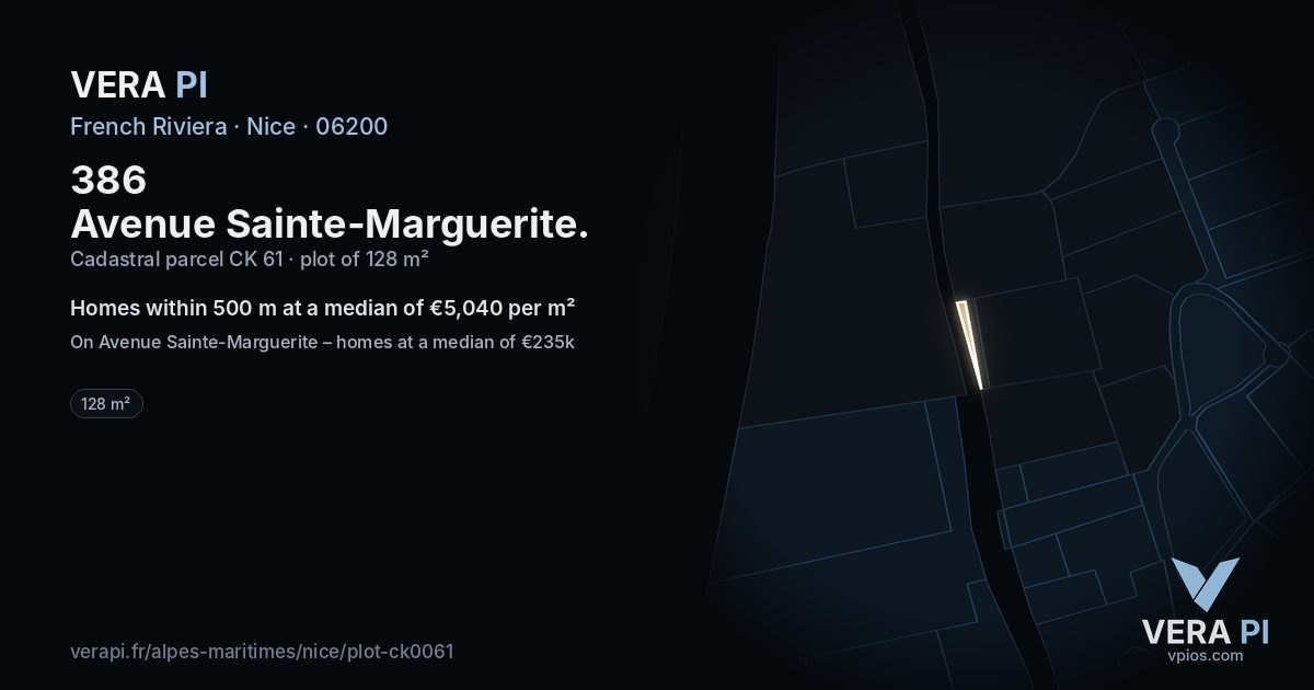 386 Avenue Sainte-Marguerite, Nice at night – the plot lit, the parcels around coloured by the prices near them
