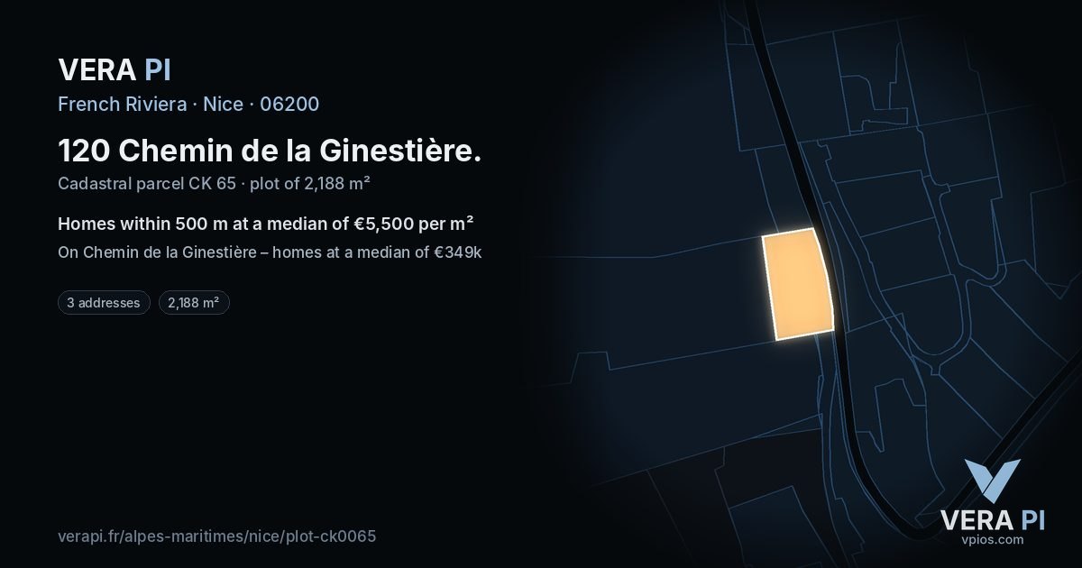 120 Chemin de la Ginestière, Nice at night – the plot lit, the parcels around coloured by the prices near them