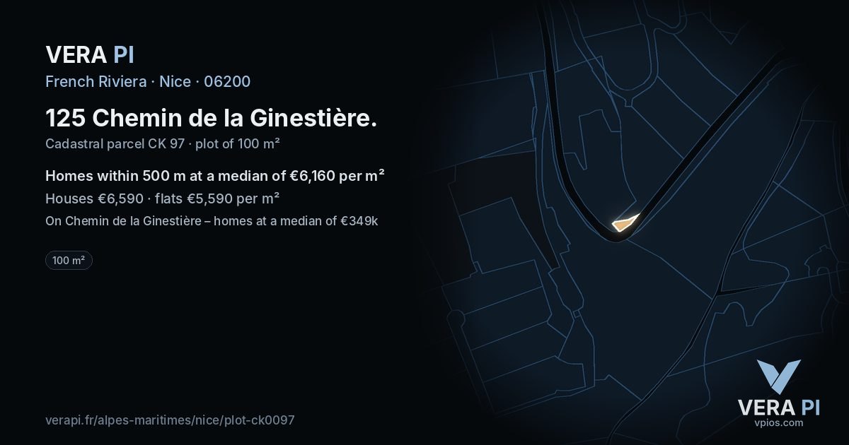 125 Chemin de la Ginestière, Nice at night – the plot lit, the parcels around coloured by the prices near them