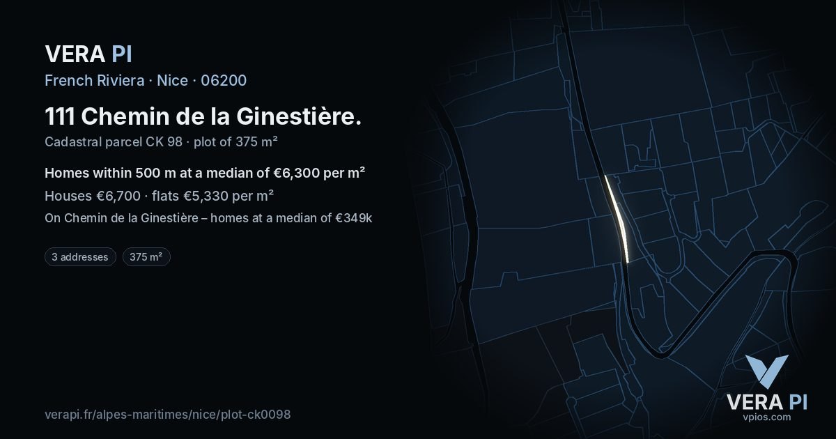 111 Chemin de la Ginestière, Nice at night – the plot lit, the parcels around coloured by the prices near them