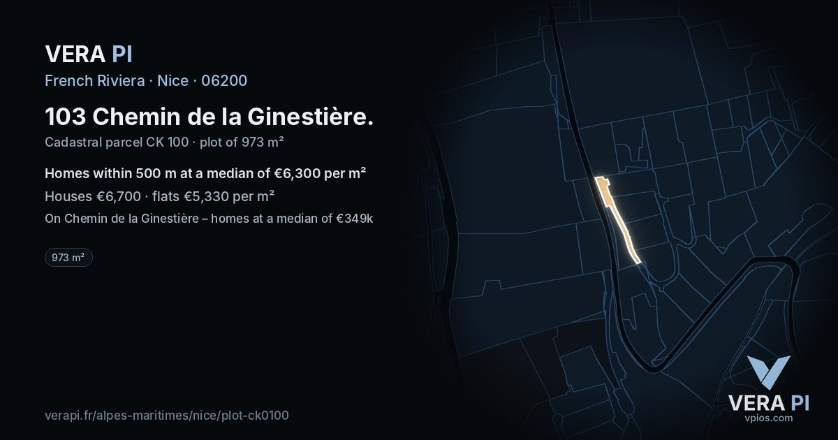 103 Chemin de la Ginestière, Nice at night – the plot lit, the parcels around coloured by the prices near them