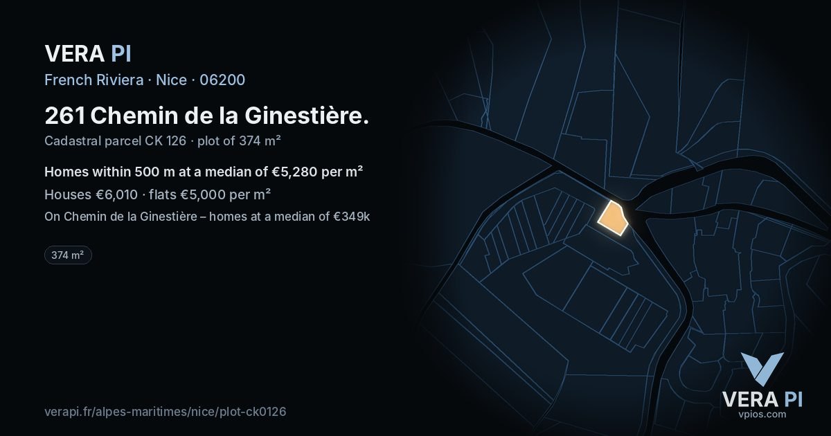 261 Chemin de la Ginestière, Nice at night – the plot lit, the parcels around coloured by the prices near them