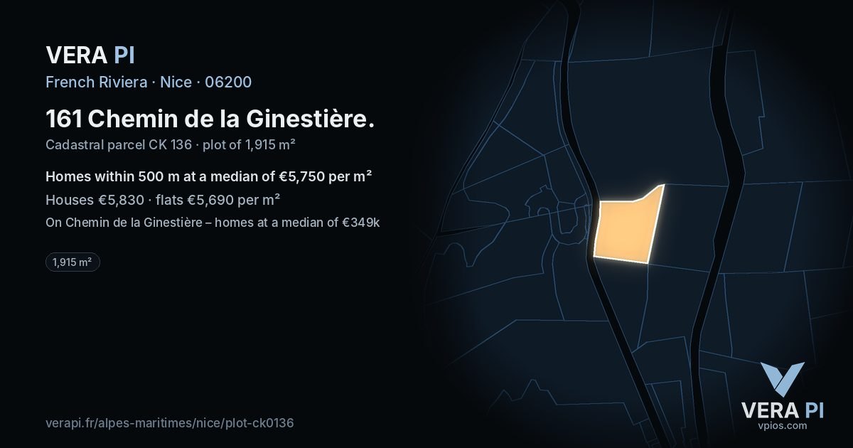 161 Chemin de la Ginestière, Nice at night – the plot lit, the parcels around coloured by the prices near them