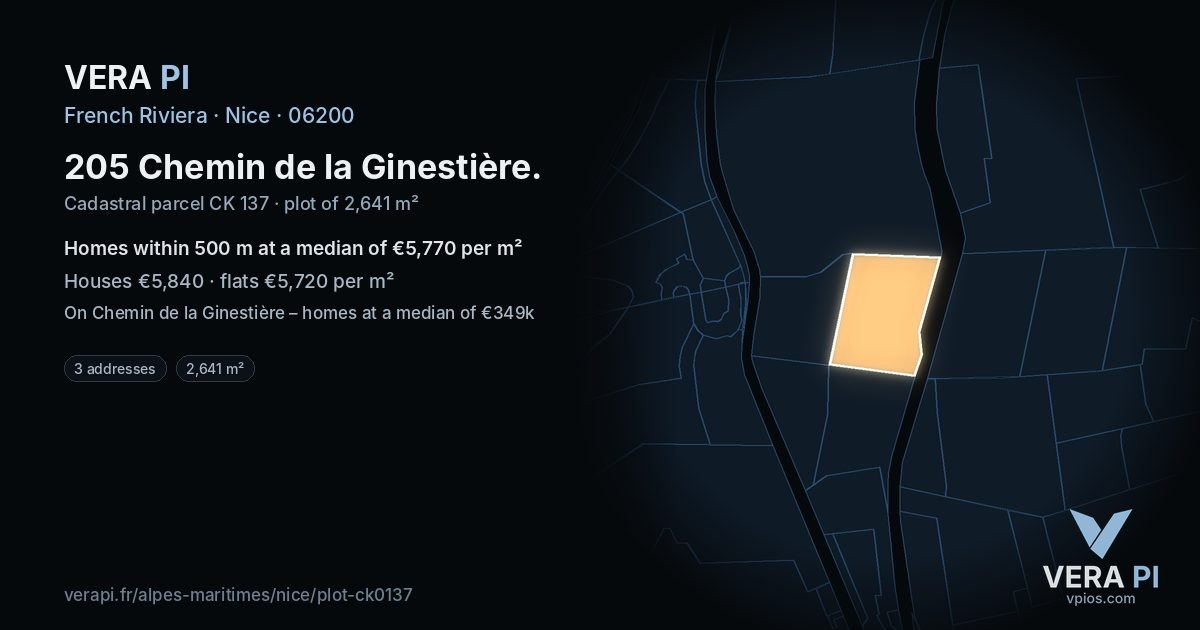 205 Chemin de la Ginestière, Nice at night – the plot lit, the parcels around coloured by the prices near them