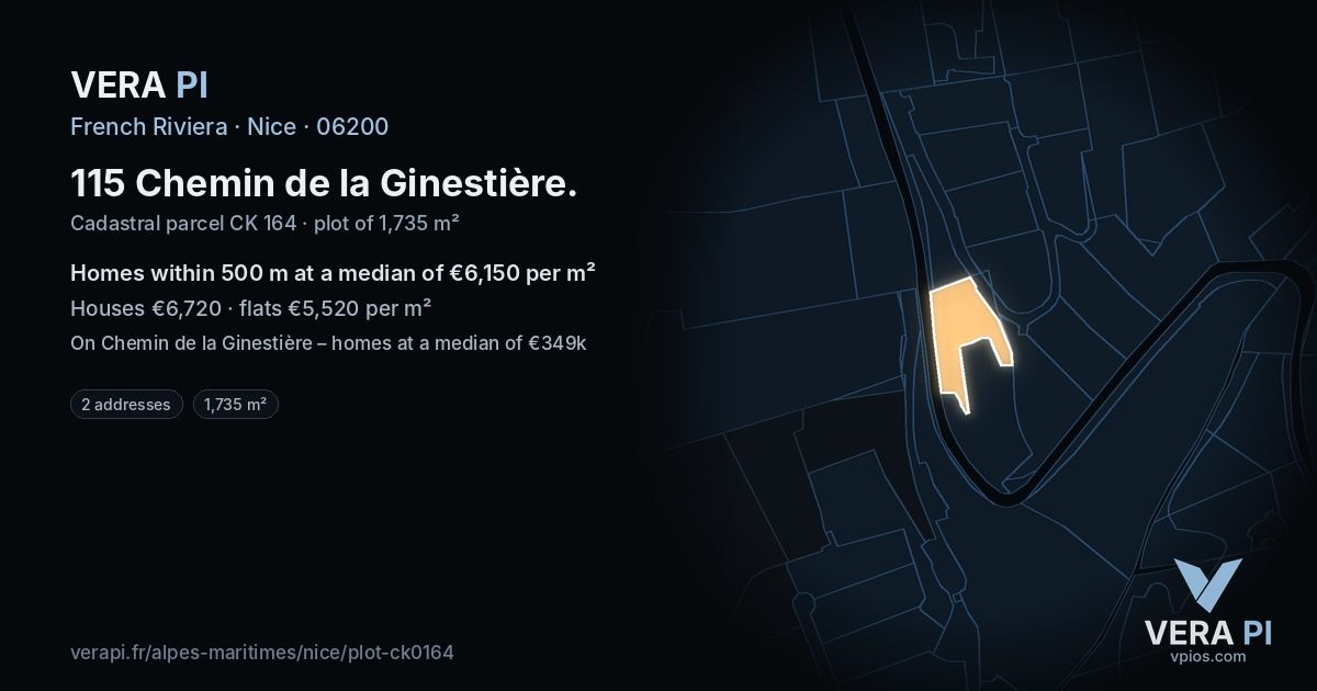 115 Chemin de la Ginestière, Nice at night – the plot lit, the parcels around coloured by the prices near them
