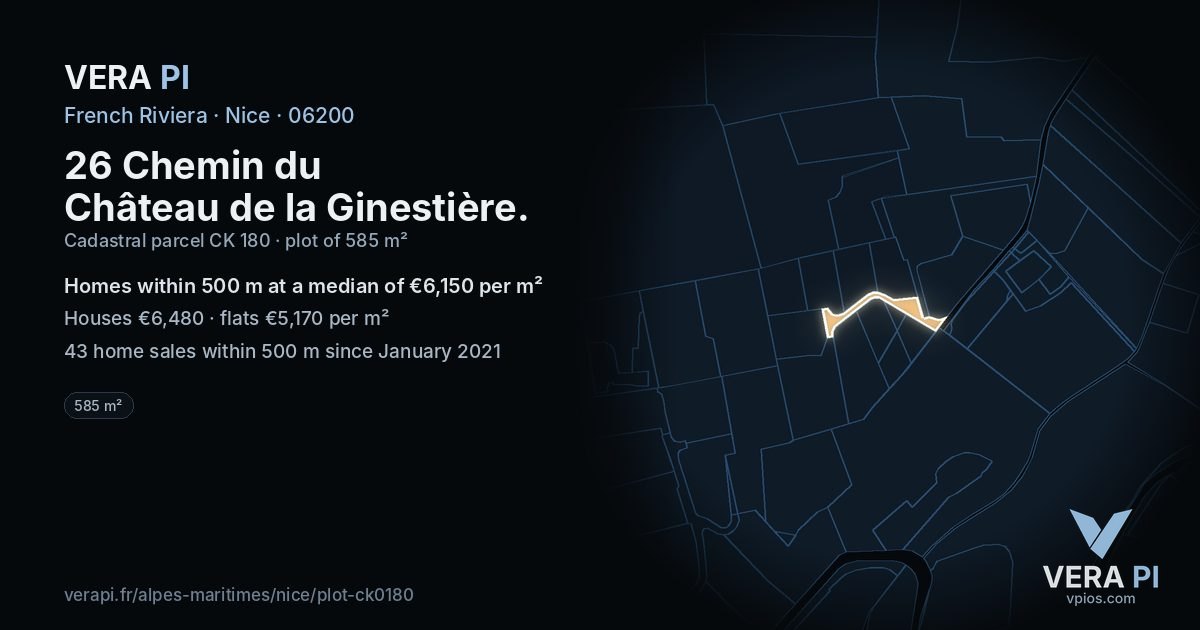 26 Chemin du Château de la Ginestière, Nice at night – the plot lit, the parcels around coloured by the prices near them