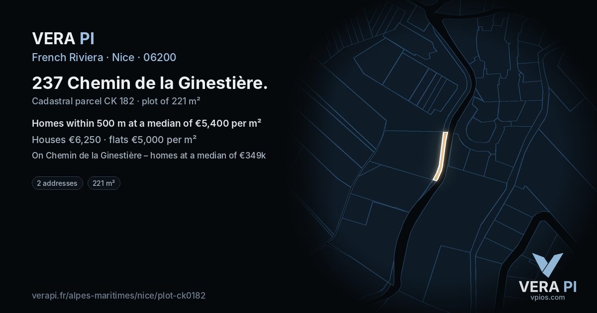237 Chemin de la Ginestière, Nice at night – the plot lit, the parcels around coloured by the prices near them